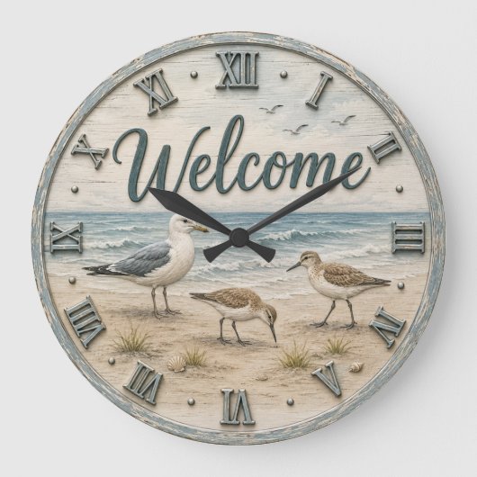 Welcome Coastal Seabirds Rustic Beach House  ラージ壁時計 (正面)