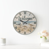 Welcome Coastal Seabirds Rustic Beach House  ラージ壁時計 (ホーム)