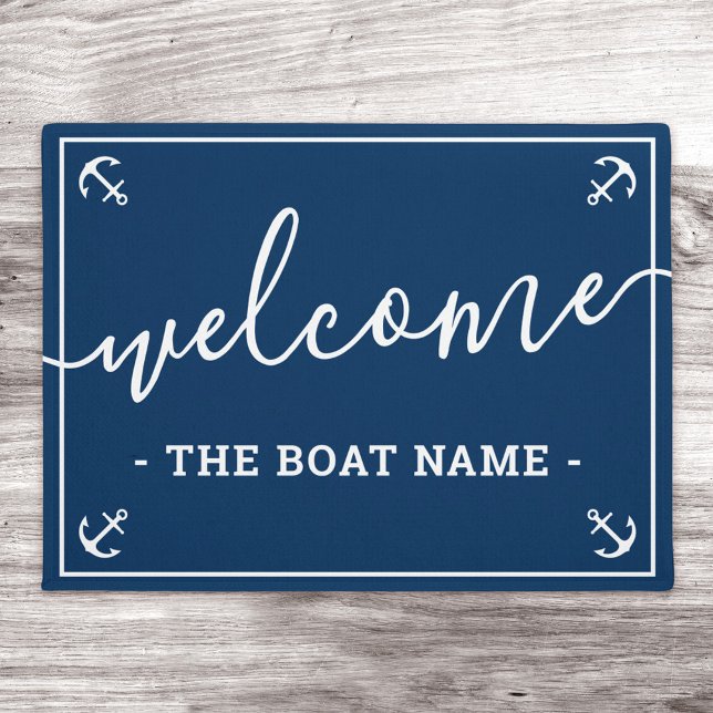 Welcome custom boat name and anchors dark blue ドアマット (クリエイターアップロード済み)