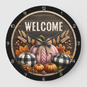 Welcome Fall Farmhouse Pumpkins Autumn Decor ラージ壁時計 (正面)