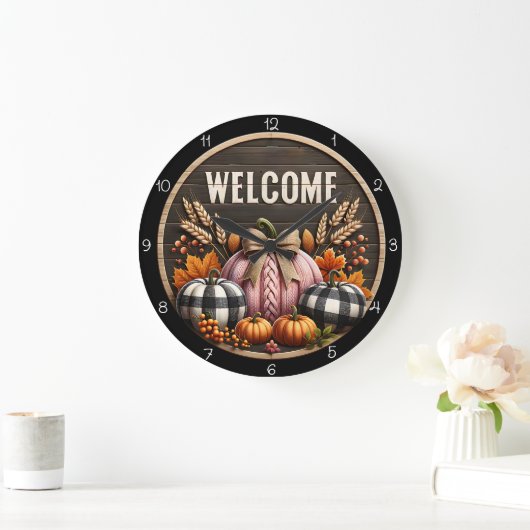 Welcome Fall Farmhouse Pumpkins Autumn Decor ラージ壁時計 (ホーム)