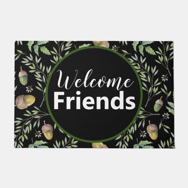 Welcome Friends |緑と黒のAcorn Art Doormat ドアマット (正面)