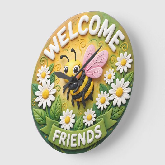 Welcome Friends Honey Bee Spring ラージ壁時計 (傾斜)