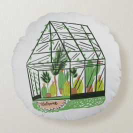Welcome Green House Botanical Cactus Plants Art ラウンドクッション
