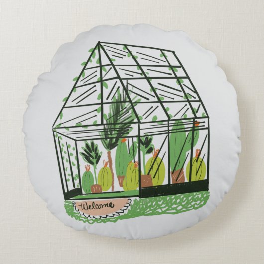 Welcome Green House Botanical Cactus Plants Art ラウンドクッション (正面)