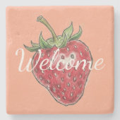 Welcome hand drawn strawberry pink red modern ストーンコースター (正面)