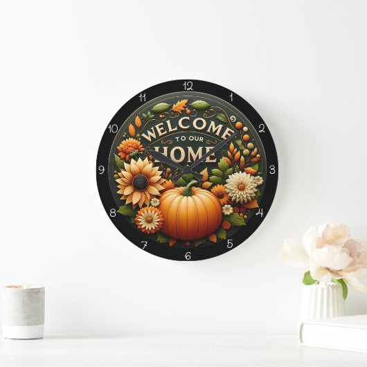 Welcome Home Floral Pumpkin Autumn ラージ壁時計 (ホーム)