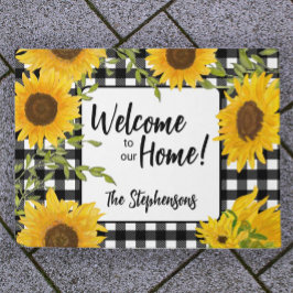 Welcome Home Sunflowers Plaid Custom Name ドアマット