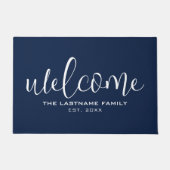 Welcome in Big Script with Family Name Navy Blue ドアマット (正面)