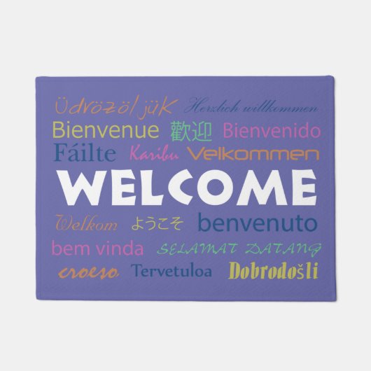 Welcome in Many Languages Perwinkle Blue ドアマット (正面)