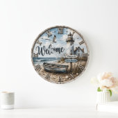 Welcome Lighthouse Coastal Nautical Beach House ラージ壁時計 (ホーム)