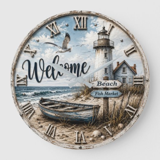 Welcome Lighthouse Coastal Nautical Beach House ラージ壁時計 (正面)
