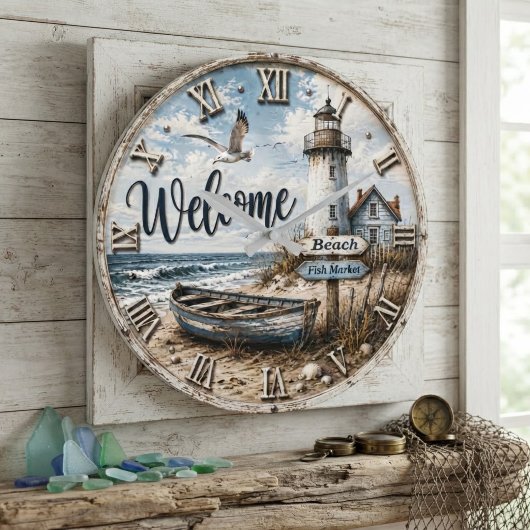 Welcome Lighthouse Coastal Nautical Beach House ラージ壁時計