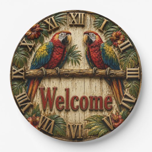 Welcome Macaw Tropical Parrot Rustic Wall Decor ペーパープレート (正面)