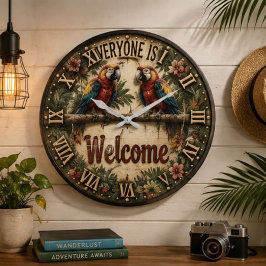 Welcome Macaw Tropical Parrot Rustic Wall Decor ラージ壁時計