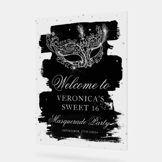 Welcome Masquerade black silver glitter Sweet 16 アクリルサイン (傾斜)