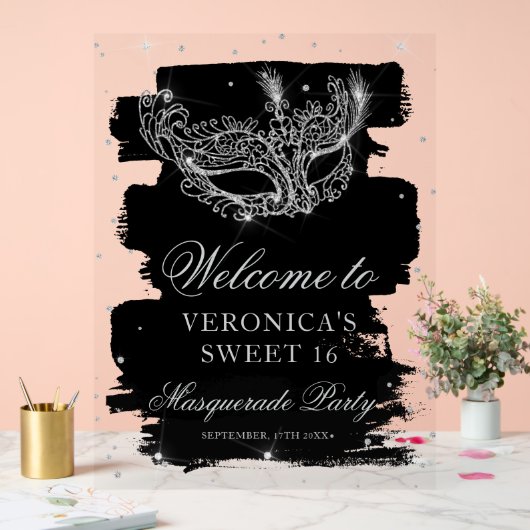 Welcome Masquerade black silver glitter Sweet 16 アクリルサイン (ウェディング)