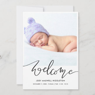 Welcome Modern Script Birth Announcement 案内状