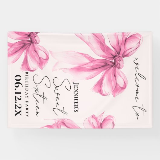 Welcome Pink Bow Coquette Script Sweet 16 Blush  横断幕 (横)