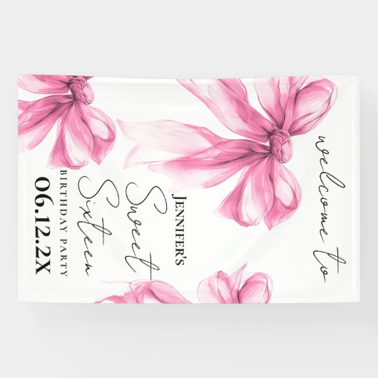 Welcome Pink Bow Coquette Script Sweet 16 Party 横断幕 (横)