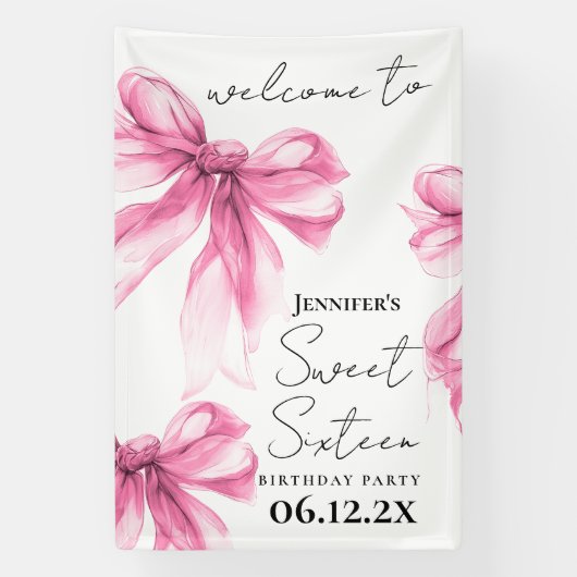 Welcome Pink Bow Coquette Script Sweet 16 Party 横断幕 (縦)