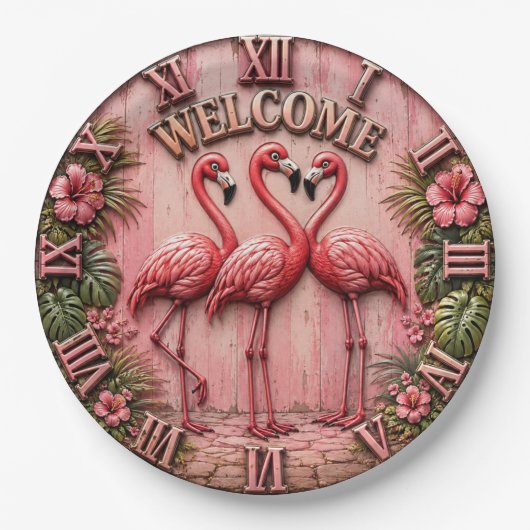 Welcome Pink Flamingo Lover Beach House ペーパープレート (正面)