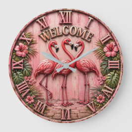 Welcome Pink Flamingo Lover Beach House ラージ壁時計