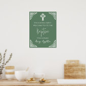 Welcome Poster Floral Cross Christening Fern Green ポスター (キッチン)