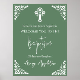 Welcome Poster Floral Cross Christening Fern Green ポスター
