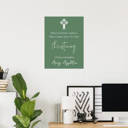 Welcome Poster Floral Cross Christening Fern Green ポスター (ホームオフィス)