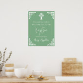 Welcome Poster Floral Cross Christening Sage Green ポスター (キッチン)
