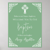 Welcome Poster Floral Cross Christening Sage Green ポスター (正面)