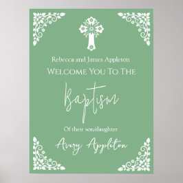 Welcome Poster Floral Cross Christening Sage Green ポスター