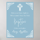 Welcome Poster Floral Cross Christening Sky Blue ポスター (正面)