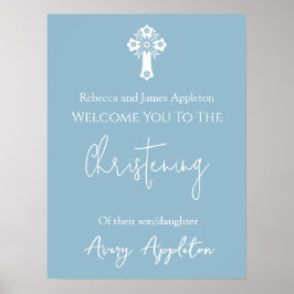 Welcome Poster Floral Cross Christening Sky Blue ポスター