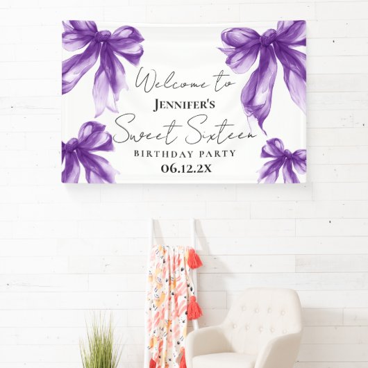 Welcome Purple Bow Coquette Script Sweet 16 横断幕 (インサイチュ)