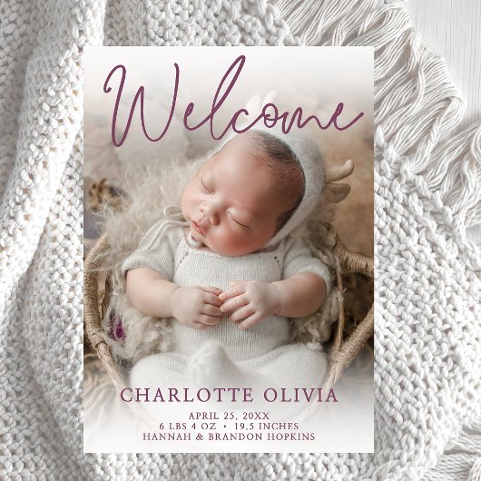 Welcome Purple Photo Birth Announcement 招待状