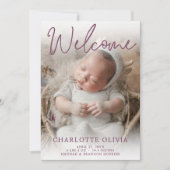Welcome Purple Photo Birth Announcement 招待状 (正面)