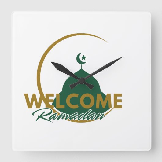 Welcome Ramadan Wall Clock – Islamic Mosque Cresce スクエア壁時計 (正面)