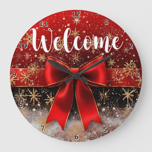 Welcome Red Bow Snowflake ラージ壁時計 (正面)