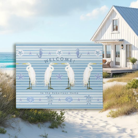 Welcome Sea Turtle Seahorse Striped Family Name ドアマット