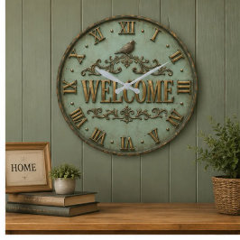 Welcome Songbird Vintage Rustic Elegant Cottage ラージ壁時計