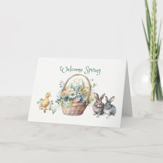 Welcome Spring Flowers Basket, Bunnies, Duckling  カード (正面)