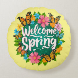 Welcome spring Monarch Butterfly Flowers ラウンドクッション