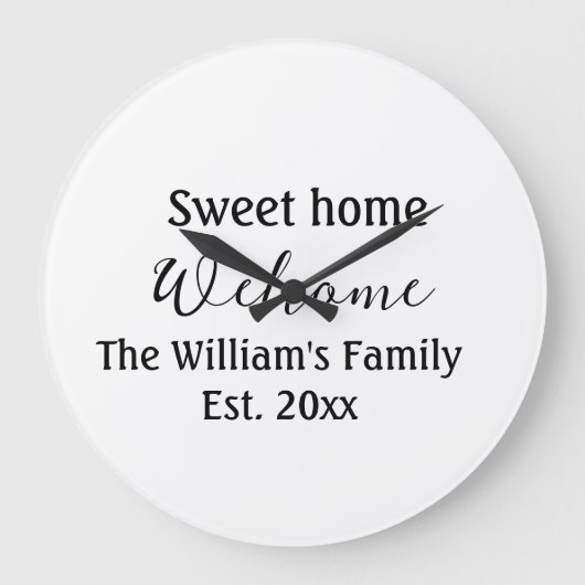 Welcome sweet home 家族名 年 Est. テキスト  ラージ壁時計 (正面)
