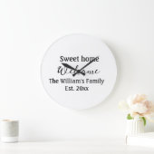Welcome sweet home 家族名 年 Est. テキスト  ラージ壁時計 (ホーム)