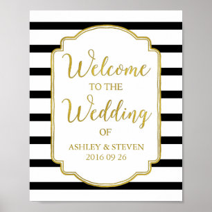 Welcome to 結婚 our's Sign金ゴールドブラックストライプ ポスター