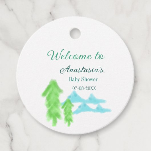 welcome to baby shower name blue green tree hill  フェイバータグ (正面)