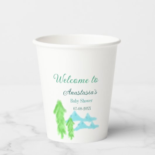welcome to baby shower name blue green tree hill  紙コップ (正面)
