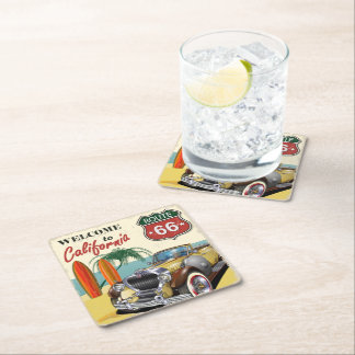 「Welcome to California」ルート66レトロポスター、 スクエアペーパーコースター